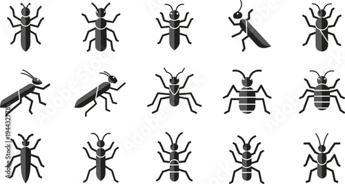 Grid of fifteen insect icon illustrations with diverse body shapes, wings and antenna variations for entomology, educational and vector design projects