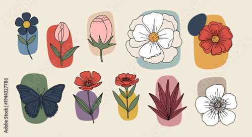 A vibrant collection of hand-drawn flowers and butterflies in a modern, minimalist style, perfect for nature-themed designs