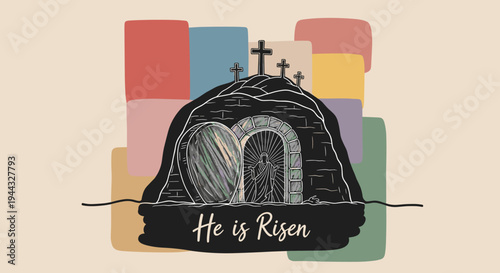 An illustration of a cave with an open stone door and crosses, featuring a modern, colorful style. Ideal for Easter themes