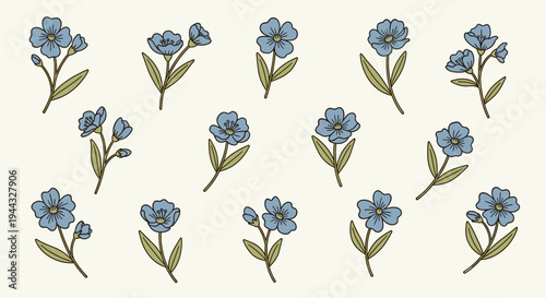 A collection of delicate blue flowers with green leaves, illustrated in a flat style on a light background