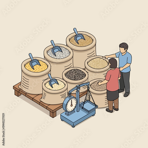 A detailed illustration of a market scene with people buying grains from sacks.