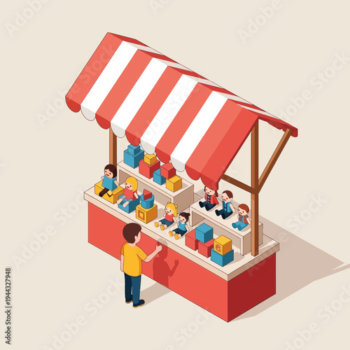 An isometric illustration of a toy store with a customer looking at the toys.