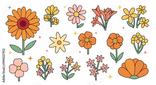 A vibrant collection of hand-drawn flowers in various styles, featuring playful shapes and bright colors, perfect for floral designs