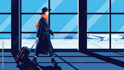 Elegant woman with suitcase walking through airport terminal, vector illustration of travel and journey