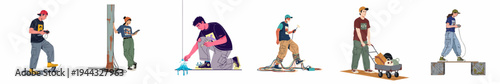 Collection of diverse urban youth characters engaged in activities including gaming, coding, and technical work in a modern flat vector illustration style.