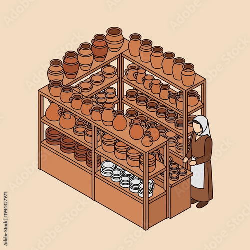 An illustration depicts a woman in a shop surrounded by shelves of pottery.