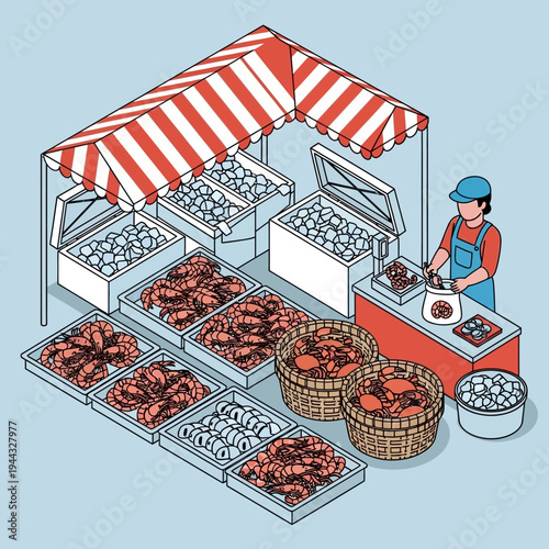 Isometric illustration of a seafood market stall with various products and a vendor.