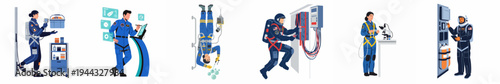 Illustrations of diverse astronauts performing maintenance, scientific research, and technical operations in a modern space station environment.