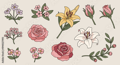 A vibrant collection of hand-drawn flowers, featuring roses, lilies, and wildflowers in a modern flat style