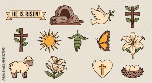 A collection of Easter-themed icons featuring crosses, a butterfly, a sheep, and symbols of rebirth in a flat style