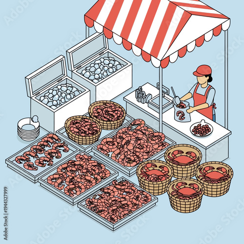 An isometric illustration of a seafood market stall with various shellfish and a vendor.