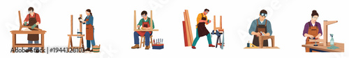 Collection of diverse carpenters and woodworkers crafting and refinishing wooden furniture in a professional workshop setting using various hand and power tools