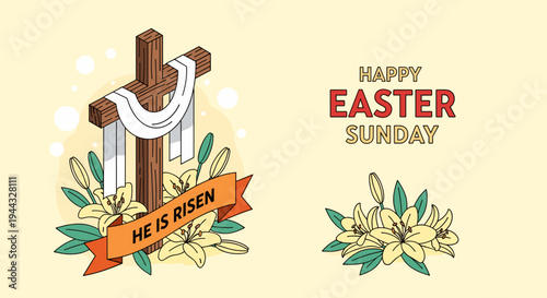A vibrant Easter illustration featuring a cross adorned with flowers and the message 'He Is Risen' in a modern style