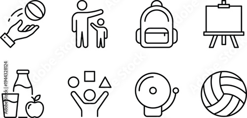 Early Childhood Education and School Activities Icon Set Featuring Kindergarten Students Backpack Healthy Snacks Sports Equipment Art Easel School Bell and Creative Play Symbols