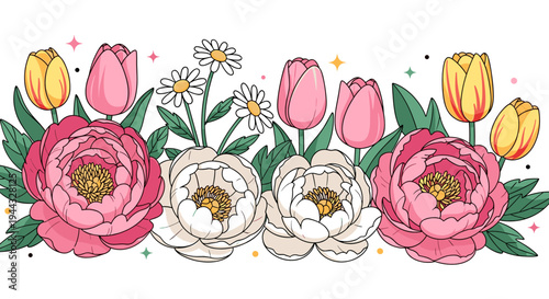 A vibrant floral arrangement featuring peonies, tulips, and daisies in a colorful, modern illustration style