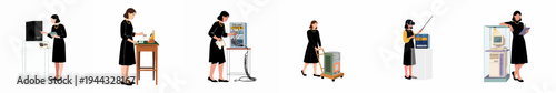 A series of flat vector illustrations depicting a professional woman working with computer hardware, servers, and modern technology in a clean, minimalist style.