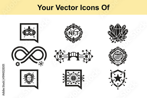 Set of modern black and white vector icons representing blockchain technology nft crypto assets metaverse virtual reality security and digital finance network concepts