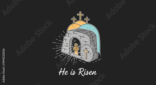 A vibrant illustration of a resurrection scene featuring a tomb with crosses and an angel, in a modern style