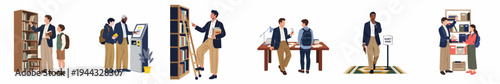 Set of flat illustrations featuring a librarian assisting students, organizing books, and maintaining silence in a modern library setting.