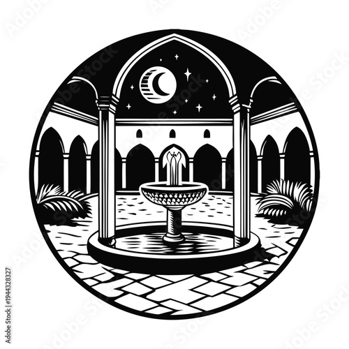 Black and white vector illustration of a courtyard fountain at night