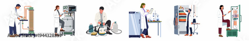 A collection of scientists and technicians performing various laboratory and technical tasks in research, industrial, and clinical settings.