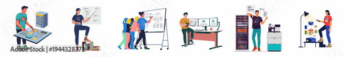 Flat vector illustrations of diverse IT professionals working on software development, cloud computing, system architecture, and data management in various modern office settings.