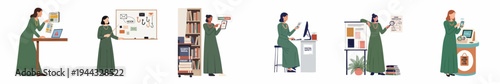 A series of illustrations depicting a woman learning and teaching about cybersecurity, digital safety, phishing alerts, and online protection.