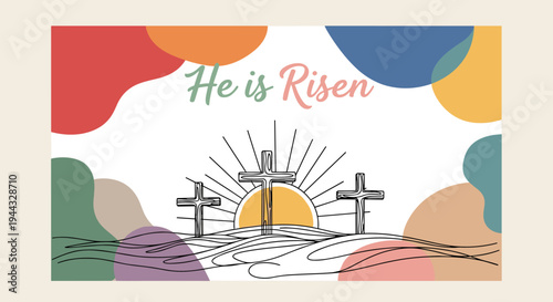 A vibrant illustration featuring three crosses against a colorful background, emphasizing the message 'He is Risen' in a modern style