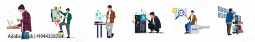 A collection of illustrations featuring a young IT specialist engaged in various cybersecurity, programming, and server maintenance activities.
