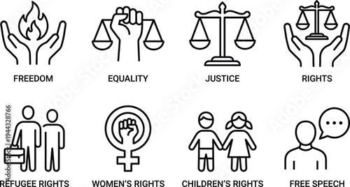 Human rights line icon set illustrating freedom, equality, justice, women’s rights, children’s rights, refugee rights and free speech concepts for advocacy, education and social awareness design