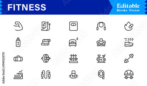 Fitness, Workout, Gym Line Icon Set  Professional, Modern, Minimal, and Pixel-Perfect Outline Symbols
