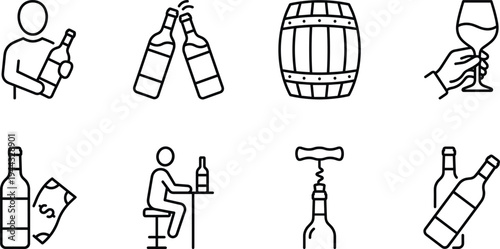 Alcohol wine drinking line icon set featuring bottles glasses barrel corkscrew bartender and bar celebration symbols minimalist outline vector illustration beverage alcohol icons