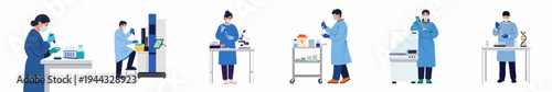 Collection of scientists and researchers working in a medical laboratory with specialized equipment, conducting experiments and testing samples in flat vector illustration style.