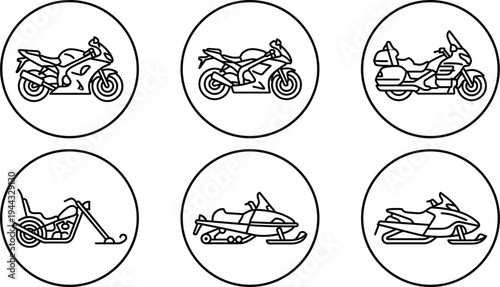 Motorcycle and snowmobile line icon set featuring sport bike touring bike chopper and winter snow vehicles in circular frames vector illustration