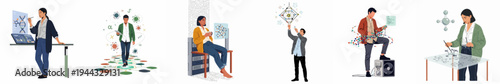 Collection of flat vector illustrations depicting diverse men and women engaged in various scientific, technological, and mathematical research activities.