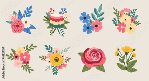 A vibrant collection of floral arrangements featuring various colorful flowers and greenery in a flat design style