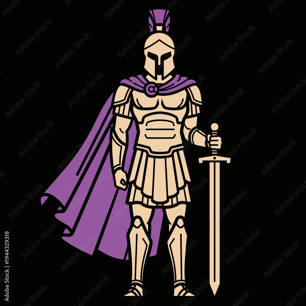 Fototapeta premium Spartan Warrior King with Sword and Purple Cape Standing Guard
