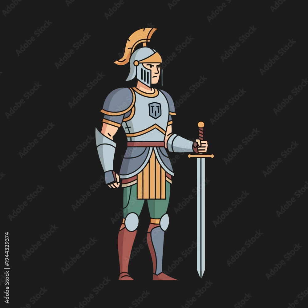 Obraz premium Medieval Knight Warrior with Sword, Full Armor, Roman Helmet, Standing Pose, Dark Background