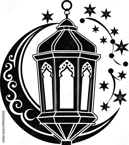 Black lantern icon with crescent moon and stars vector