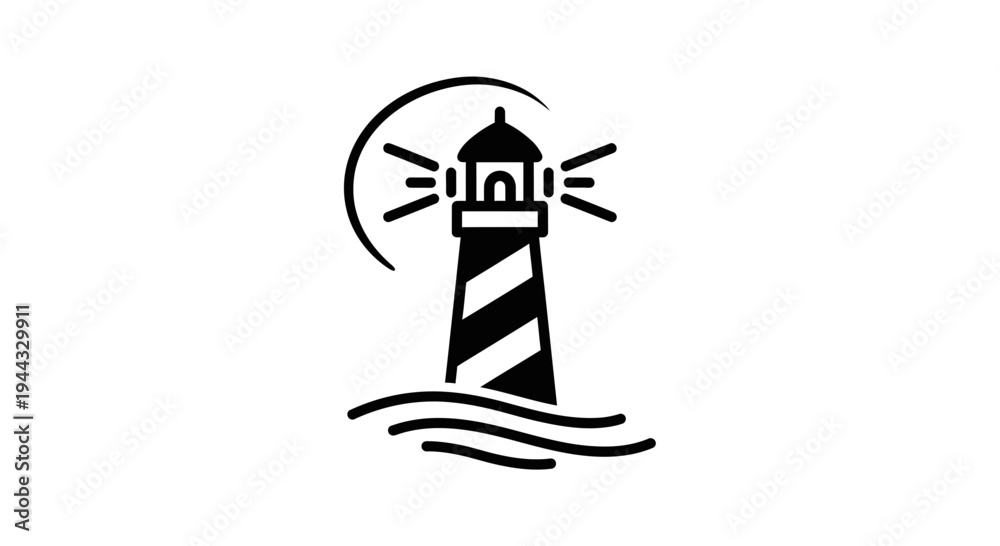 Fototapeta premium Black Lighthouse Icon with Waves and Light Rays on White Background
