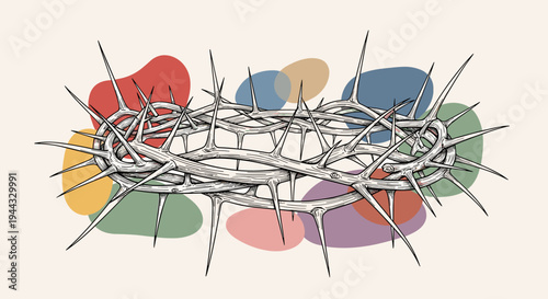 A detailed illustration of a thorny crown, featuring intricate spikes and a modern, minimalist style with colorful abstract shapes in the background