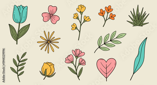 A colorful collection of hand-drawn flowers and leaves in a whimsical style, perfect for nature-themed designs