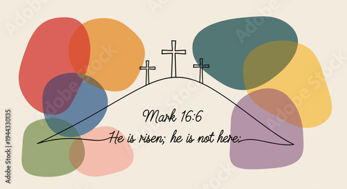 An illustration featuring three crosses on a hill with colorful abstract shapes in the background, modern style, suitable for religious themes