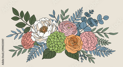 A vibrant floral arrangement featuring peonies, roses, and greenery in a modern, illustrative style