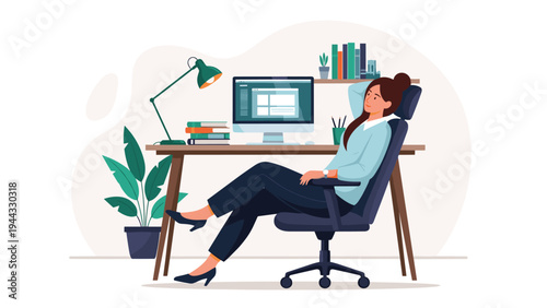 Professional woman taking a relaxing break at her home office desk while looking away with hands behind her head for comfort and mental peace.