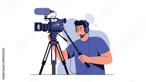 Professional male videographer wearing headphones while operating a high-definition video camera on a tripod for a live recording session.