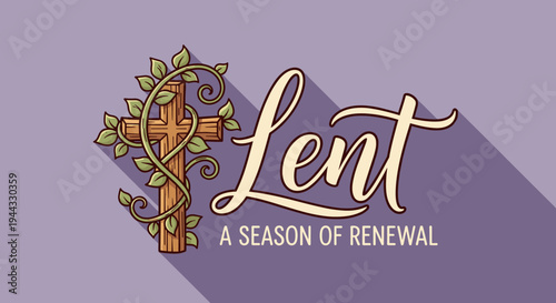 Illustration featuring a decorative cross with vines, in a modern flat style, symbolizing renewal during Lent