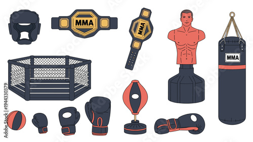 Comprehensive set of professional MMA and boxing equipment including an octagon, punching bags, gloves, protective gear, and championship belts.