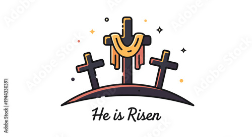 A vibrant illustration of three crosses with a joyful message, featuring a modern and minimalist style, suitable for Easter themes