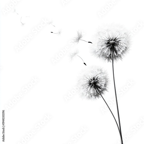 Black & white photo of dandelions with some seeds floating away